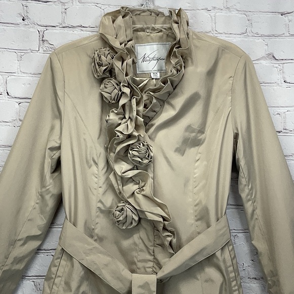 Weatherproof Trench Coat Women's Size M Beige Ruffle Rosette Belted Rain Casual - Picture 3 of 11
